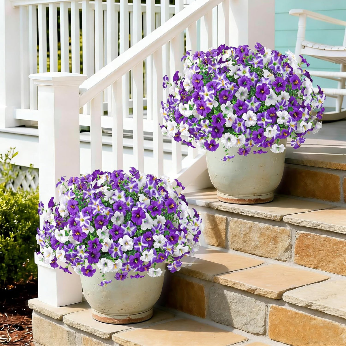 KHOYIME Artificial Flowers for Outdoor Decoration, 12PCS Faux White Purple Petunias Silk Flower UV Resistant Realistic Fake Plants for Outside Planter Garden Porch Yard Spring Summer Home Indoor Decor