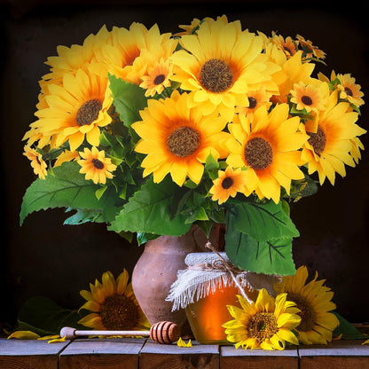 Redbaker 24 Bundles Sunflower Faux Mums for Outdoor Artificial Flower with Stems Bouquet Fake Plants Bulk UV Resistant Plastic No Fade Wedding Fall Garden Home Window Decor (Little Sunflower, Yellow)