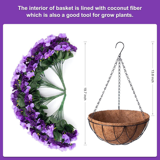 Artificial Hanging Flowers with Basket for Outdoor, Fake Hydrangea UV Resistant Arrangements in Pot Planter Spring Summer Decor for Indoor Porch Garden Yard(Double Violet)