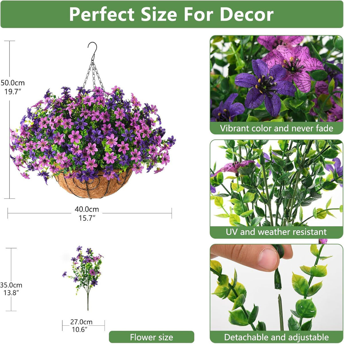 Artificial Flowers Hanging Basket for Outdoor Decoration, 12 Bundles UV Resistant Faux Silk Plants