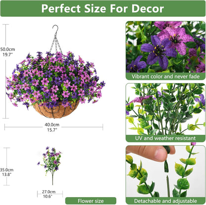 Artificial Flowers Hanging Basket for Outdoor Decoration, 12 Bundles UV Resistant Faux Silk Plants