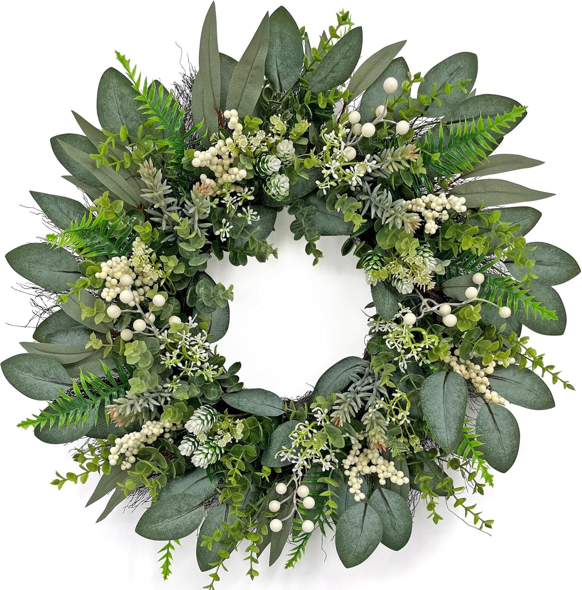 24 Inch Greenery Wreaths for Front Door – Artificial Eucalyptus Wreath with White Berries and Mixed Green Leaves, Year-Round Farmhouse Indoor Outdoor Door Wreath for Spring Summer Home Decor