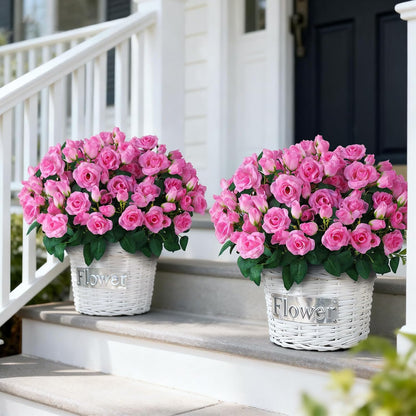 2 Set of Artificial Rose Topiary Trees - Faux Silk Flower Potted Plant, UV Resistant Fake Outdoor Rose Bush for Front Door, Farmhouse, Porch, Garden Decor (Pink)