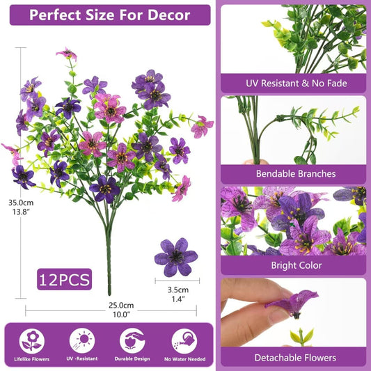 Artificial Flowers for Outdoors, 12 Bundles Multicolor Faux Silk Flower Spring Summer Decoration, Artificial Plants Fake Outdoor Flowers UV Resistant No Fade for Home Planter Porch Patio Yard Decor