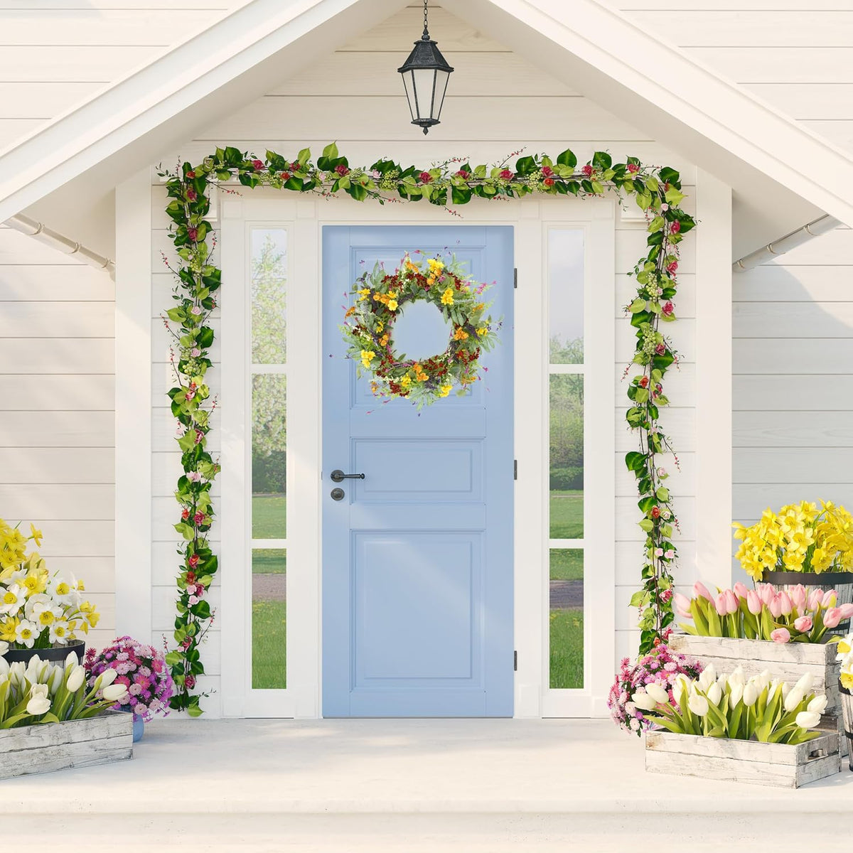 AMF0RESJ Artificial Spring Summer Wreath for Front Door Yellow Daisy Wreath with Olive Leaf, Eucalyptus Leaves for Front Door Indoor Outdoor Wall Porch Farmhouse Home Decor