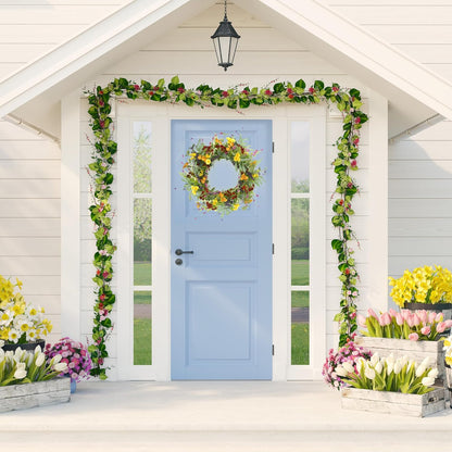 AMF0RESJ Artificial Spring Summer Wreath for Front Door Yellow Daisy Wreath with Olive Leaf, Eucalyptus Leaves for Front Door Indoor Outdoor Wall Porch Farmhouse Home Decor