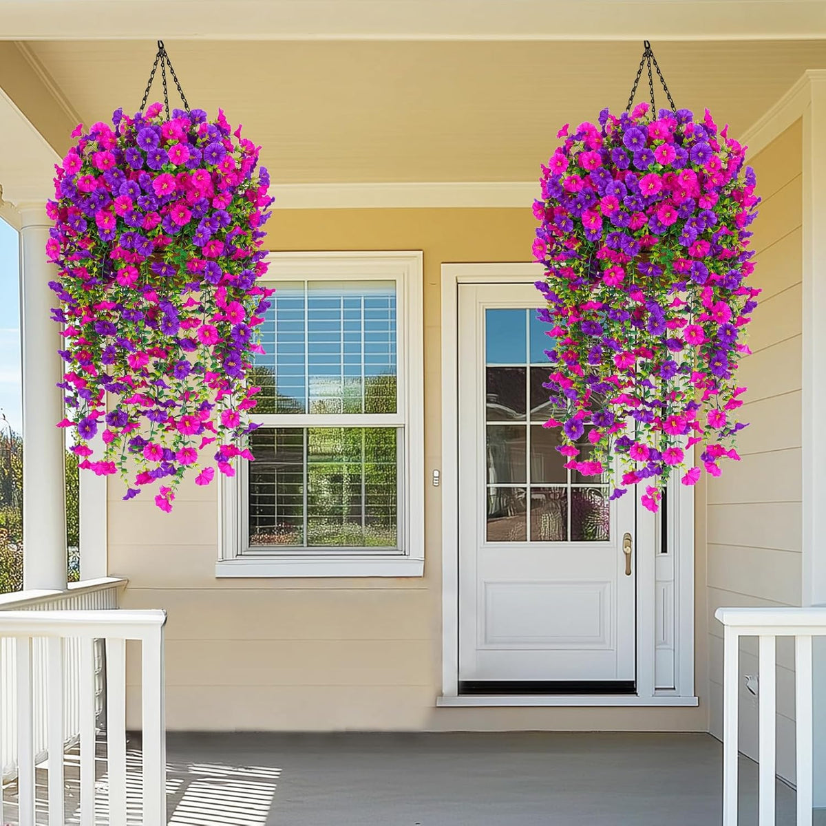 Dolicer 2 Packs Look Real Artificial Flowers for Outdoors, Fake Artificial Hanging Flowers for Outdoors Realistic UV Resistant Hanging Flowers Silk Petunia Faux Flowers for Porch Patio(Purple+Fuchsia)