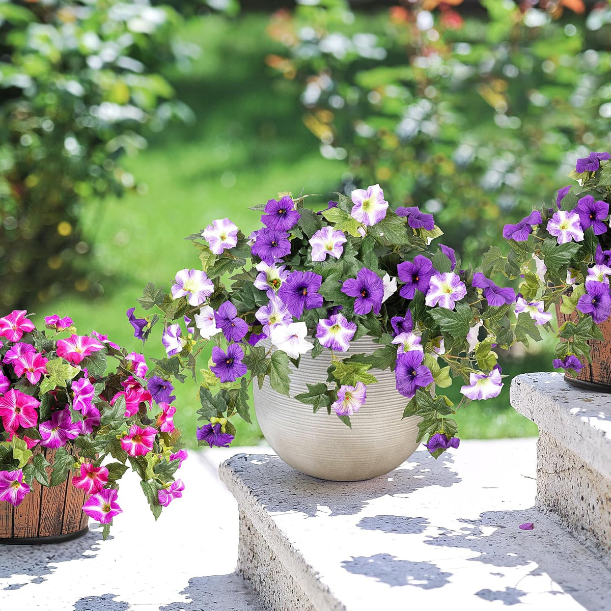 Artificial Fake Flowers Plants for Outdoor Decoration, 2PCS Faux Petunias Silk Flower UV Resistant No Fade for Home Outside Garden Balcony Yard Porch Realistic Indoor Decor (Purple White)