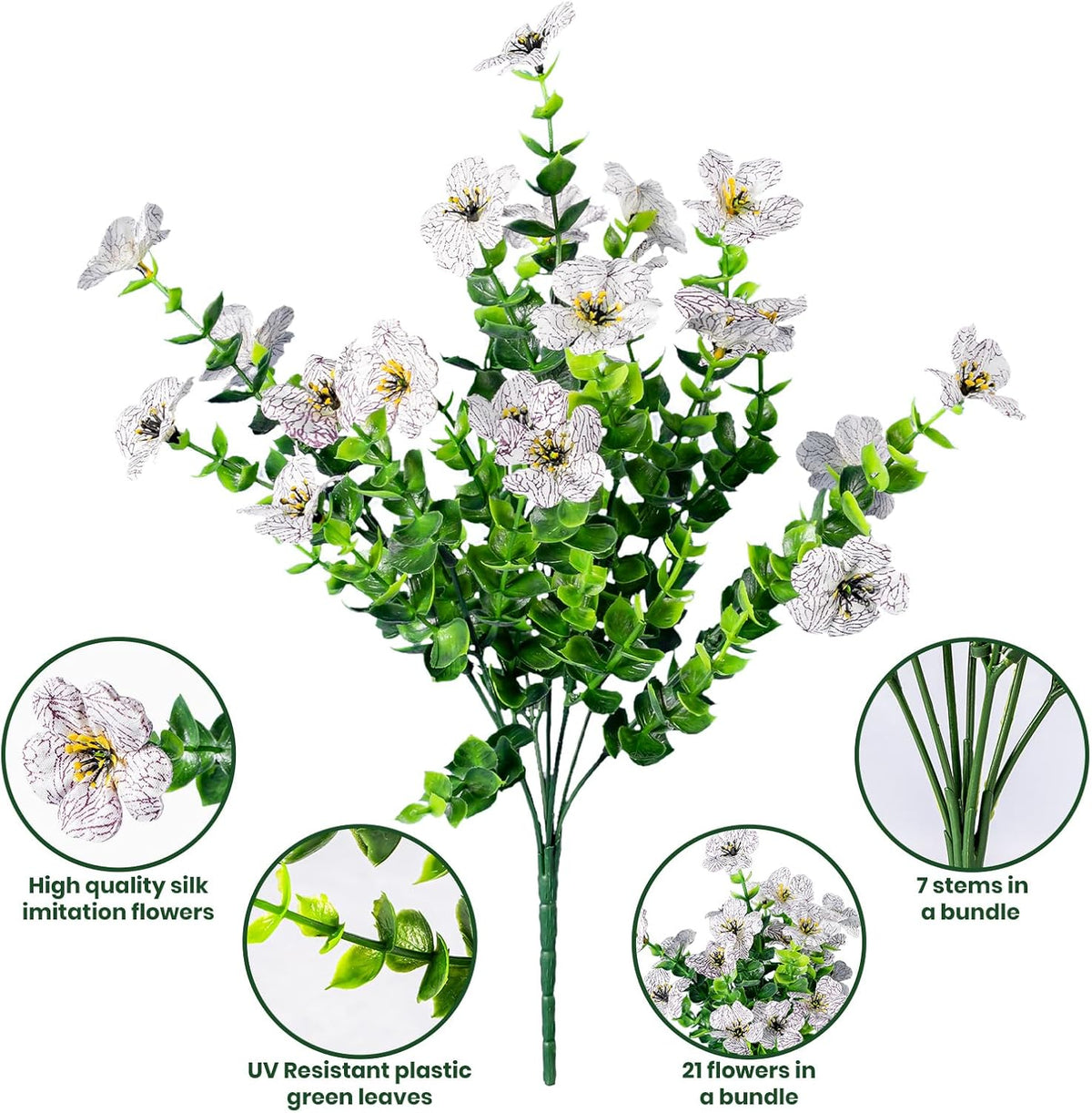 Lnoicy 20 Bundles Artificial Fake Flowers for Outdoor Faux Eucalyptus Flowers for Home Decoration, Fake Plants UV Resistant for Porch/Garden（White）