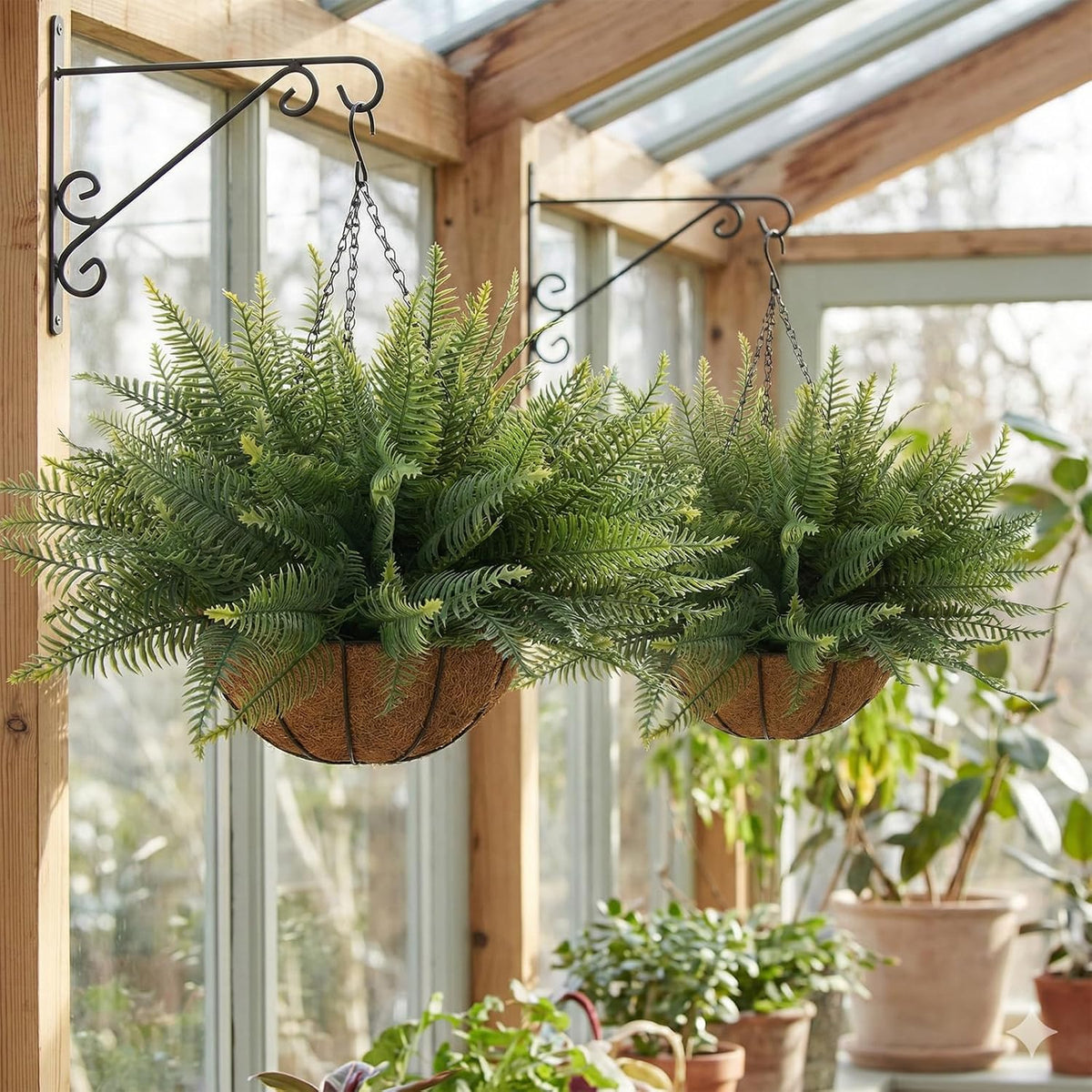 Fake Ferns Hanging Baskets, 2 Pcs Artificial Hanging Plants Outdoor, 2 Hanging Planters with 24 Pcs Fake Ferns for Indoor and Outdoor Decorations for Front Porch Garden Balcony Patio Home Decor (2, Green)