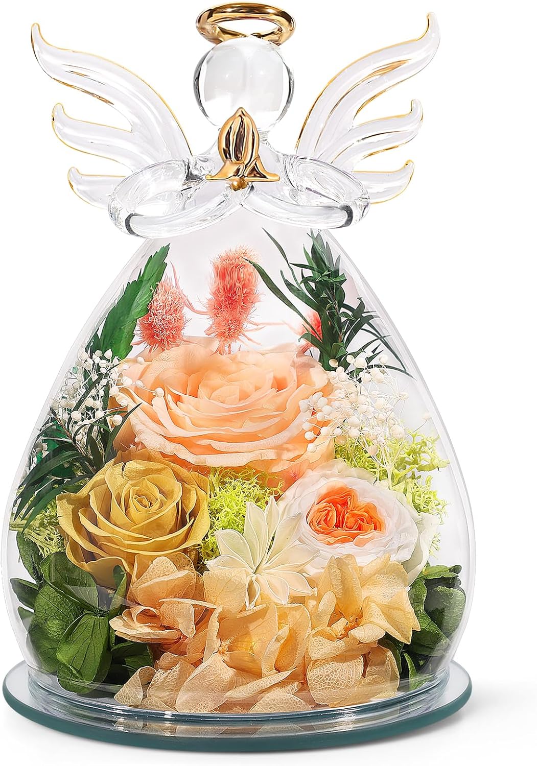 Gifts for Mom Birthday Gifts for Women Preserved Rose Forever Flower in Glass Angel Figurines Fresh Flowers for Delivery Anniversary Mothers Day Real Colorful Roses for Grandma Her Wife from Daughter