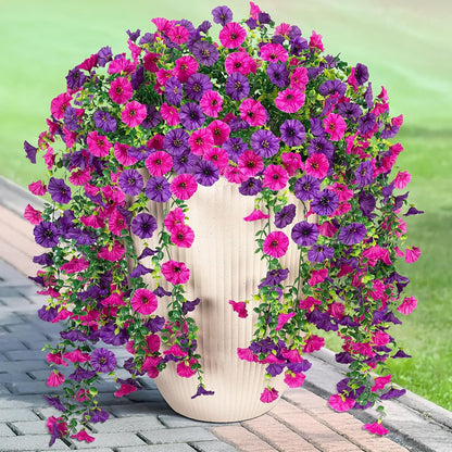 Artificial Hanging Petunia Flowers for Outdoor, 2 Pcs Fake Plants Long Vine Morning Glory Eucalyptus, UV Resistant Realistic Faux Greenery Indoor and Outdoor Patio Porch Garden Spring Summer Decor, Purple