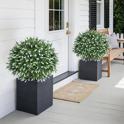 HyeFlora 26" Artificial Topiary Boxwood Ball Trees with Lavender 2 Pack Fake Plants for Outdoor Indoor Artificial Shrubs with Ground Spike UV Resistant Fake Bushes for Front Porch Garden (White)