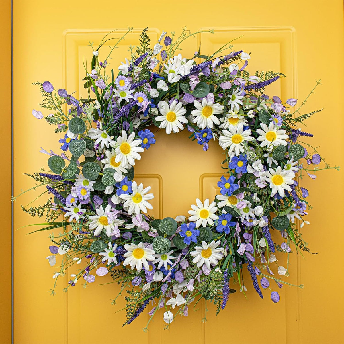 24 Inches Spring Wreaths for Front Door Blue Spring Door Wreath Summer Floral Wreath with Wildflower White Sunflower for Porch Indoors Outdoor Window Home Decorations