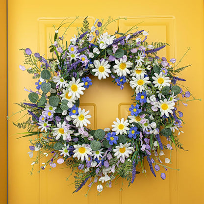 24 Inches Spring Wreaths for Front Door Blue Spring Door Wreath Summer Floral Wreath with Wildflower White Sunflower for Porch Indoors Outdoor Window Home Decorations