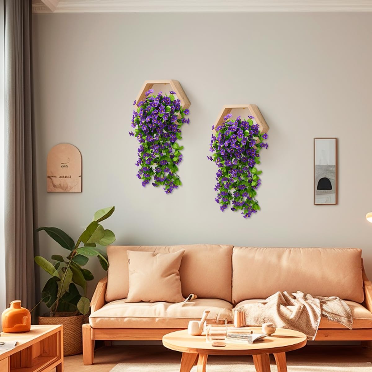2PCS Artificial Hanging Flowers, Fake Hanging Plants Violet Vines UV Resistant for Wall Home Room Garden Wedding Indoor Outdoor Spring Summer Decoration(Purple)