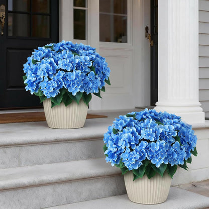 Artificial Hydrangea Flowers for Outdoor Decor, Realistic Faux Silk Bouquets Sun-Resistant Fake Plants for Front Door Balcony Farmhouse Garden Home Spring Summer Decor (Blue)