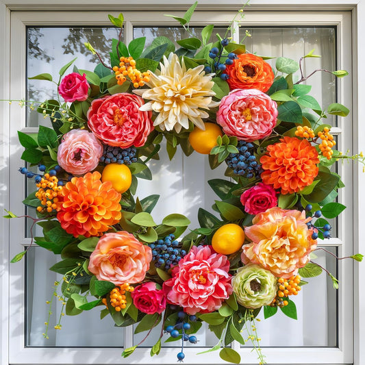 24 Inch Spring Wreath for Front Door - Peony, Dahlia, Hydrangea with Faux Lemons and Berries