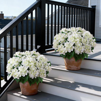 Artificial Hydrangea Flower Topiary Trees - 2 Sets Faux Silk Flower Potted Plant, UV Resistant Fake Outdoor Hydrangea Bush for Front Door, Farmhouse, Garden, Porch Decor (White)