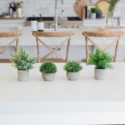 Artificial Plants for Home Decor Indoor. 4 Mini Plants, Rosemary Faux Plant Decor, Eucalyptus Plant, Grass Plants. Small Fake Shelf or Desk Greenery Décor