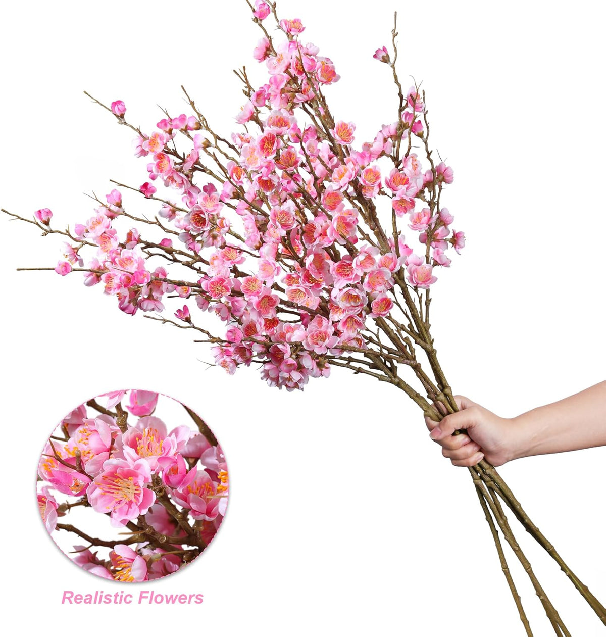 6 PCS Artificial Cherry Blossom Branches Spring Indoor Decoration, Faux Flowers 34.45" Long Stems Plum Fake Peach Plants Real Touch Silk for Wedding Home Bedroom Party Table Office, Pink