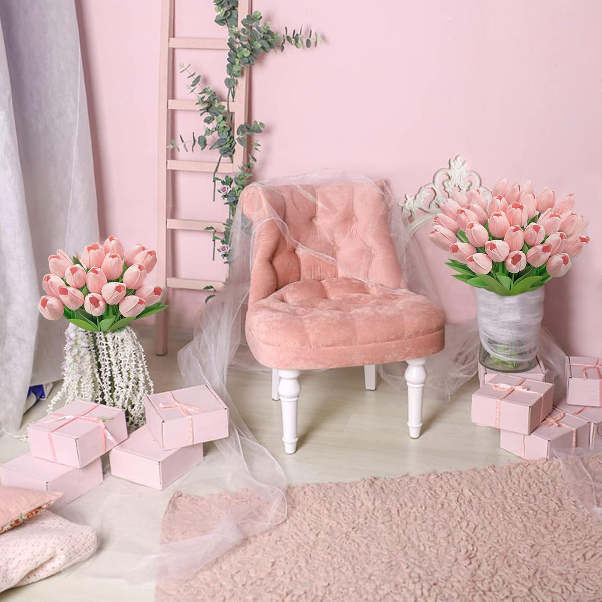 Ouddy Decor 30 Pcs Pink Tulips Artificial Flowers Real Touch PU Faux Flowers Fake Tulips Stems for Spring Summer Bouquet Floral Room Table Party Wedding Easter Mothers Gifts Home Decorations