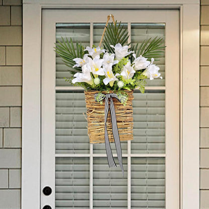 Artificial Flowers Basket, Hanging Door Basket, Artificial Hanging Baskets with Flower, Basket Wreath for Outdoor Indoor Wall Door