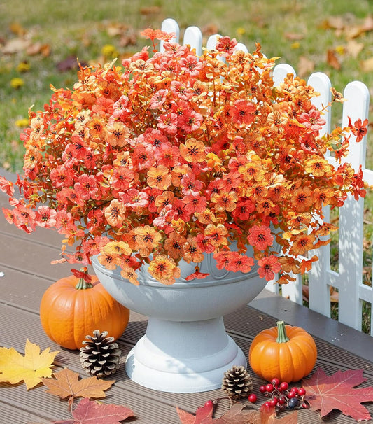 Artificial Fall Flowers Fake Mums for Outdoor Autumn Decoration, 12 Bundles Faux Silk Orange Yellow Mums Daisy Look Real UV Resistant for Outside Home Porch Patio Planter