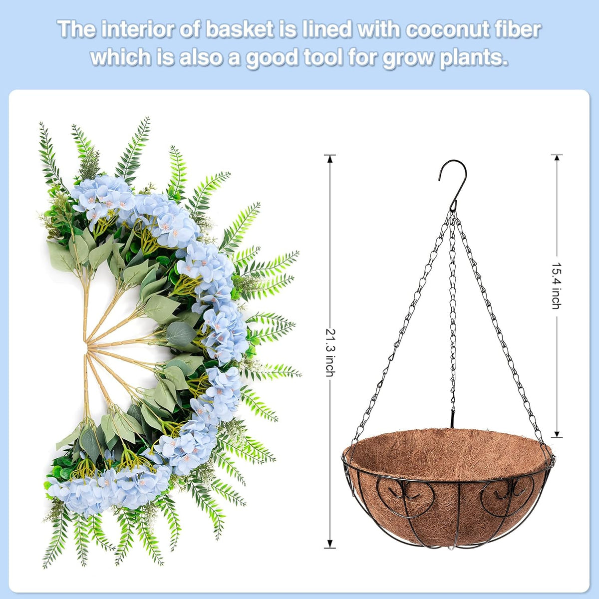 Artificial Hanging Hydrangea Flowers with Basket for Outdoor Spring Decoration, Fake Silk Hydrangea Flower Outdoor Indoor Arrangements, Fake Hanging Plants for Balcony Garden Yard Decor(Blue)