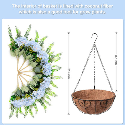 Artificial Hanging Hydrangea Flowers with Basket for Outdoor Spring Decoration, Fake Silk Hydrangea Flower Outdoor Indoor Arrangements, Fake Hanging Plants for Balcony Garden Yard Decor(Blue)