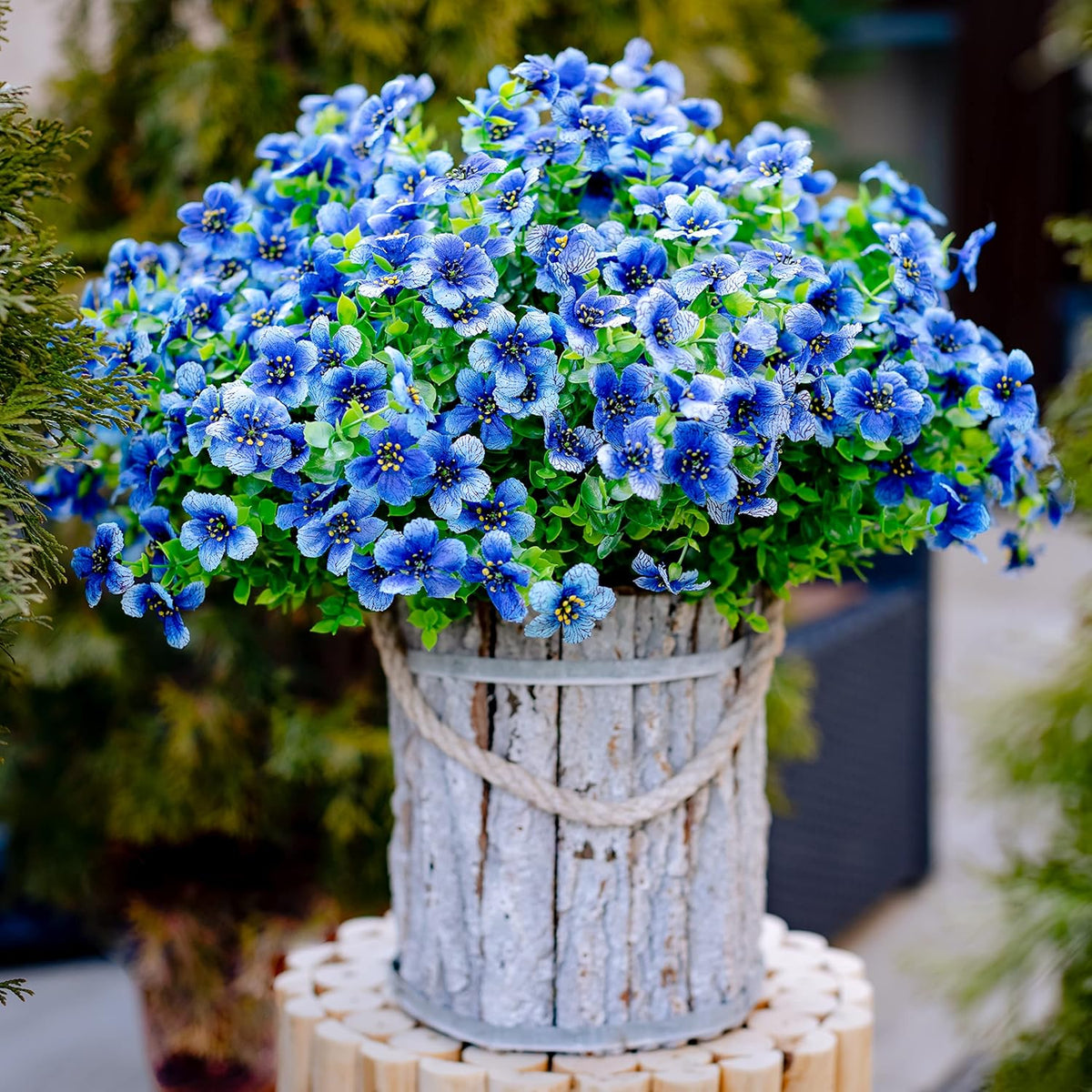 Artificial Flowers for Outdoors Fake Plants - 16 Bundles Faux Outside Greenery Boxwood No Fade Plastic Shrubs Fall Decor Farmhouse Home Garden (Blue)