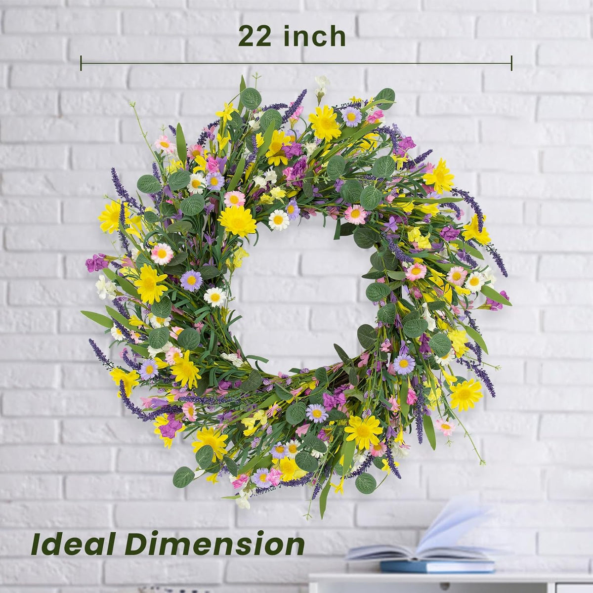 Spring Decorations for Home 22" Spring Wreath Artificial Summer Wreaths with Eucalyptus Leaf Lavender and Daisy for Easter Indoor Outdoor Home Festival Celebrations