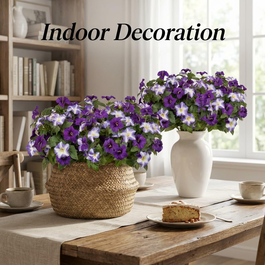 Artificial Flowers for Outdoors, 10 Bundles Realistic Fake Outdoor Flowers, UV Resistant Silk Petunia Flower for Outside Look Real Faux Flower Plants for Outdoor Porch Decor, Purple White