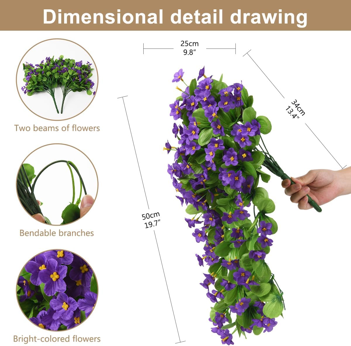 2PCS Artificial Hanging Flowers, Fake Hanging Plants Violet Vines UV Resistant for Wall Home Room Garden Wedding Indoor Outdoor Spring Summer Decoration(Purple)
