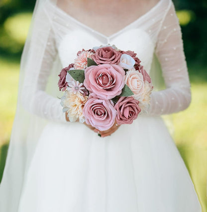 Roses Artificial Flowers Pink Bouquets Box Set for DIY Bridal Wedding Shower Decorations Fake Floral Arrangements for Party Table Centerpieces Home Decor Indoor Outdoor Dusty Blush 19 Pcs
