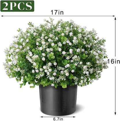 Artificial Eucalyptus with Baby's Breath Topiary Ball Trees - 2 Set Faux Potted Plants