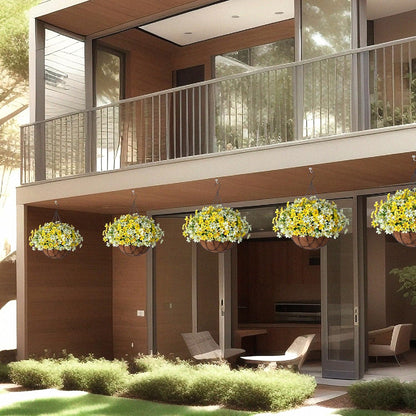 Artificial Silk Flowers Hanging Baskets Outdoors, Chrysanthemum with Eucalyptus Leaves Arrangement for Garden Yard Decor, Faux Plant in Metal Coconut Lining Flowerpot (Yellow)