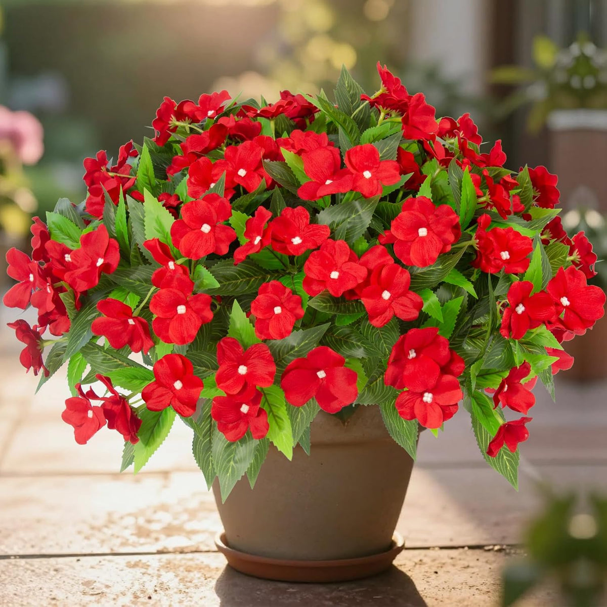 Daynight 4 Pcs Artificial Impatiens Flowers for Outdoor Flowers UV Resistant Faux Red Flowers Impatiens Bushes Silk Artificial Flowers Bouquet for Patio Garden Porch Decor (4, Red)