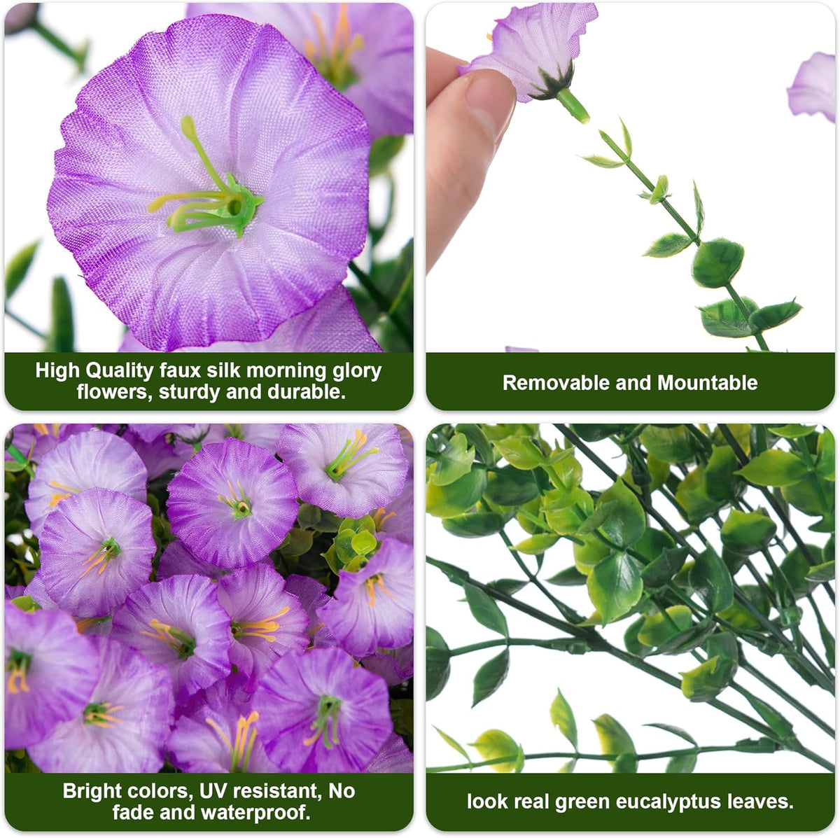 HyeFlora Artificial Flowers for Outdoors Fake Plants Outside Decoration, 12 Bundles Silk Purple Morning Glory UV Resistant Look Real Faux Flowers for Planter Front Door Porch Patio Yard Gardens Home