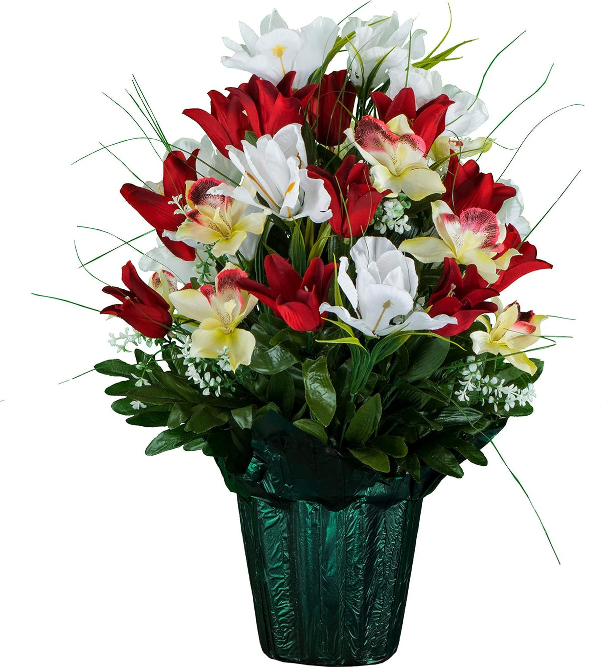 Sympathy Silks Ruby's Silk Flowers Artificial Flowers - Weighted Pot Bouquet Decoration - Height 18"-20" - Red Tulip and White Iris Potted Flowers