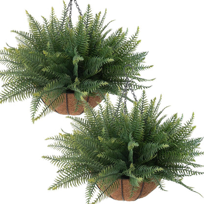 Fake Ferns Hanging Baskets, 2 Pcs Artificial Hanging Plants Outdoor, 2 Hanging Planters with 24 Pcs Fake Ferns for Indoor and Outdoor Decorations for Front Porch Garden Balcony Patio Home Decor (2, Green)