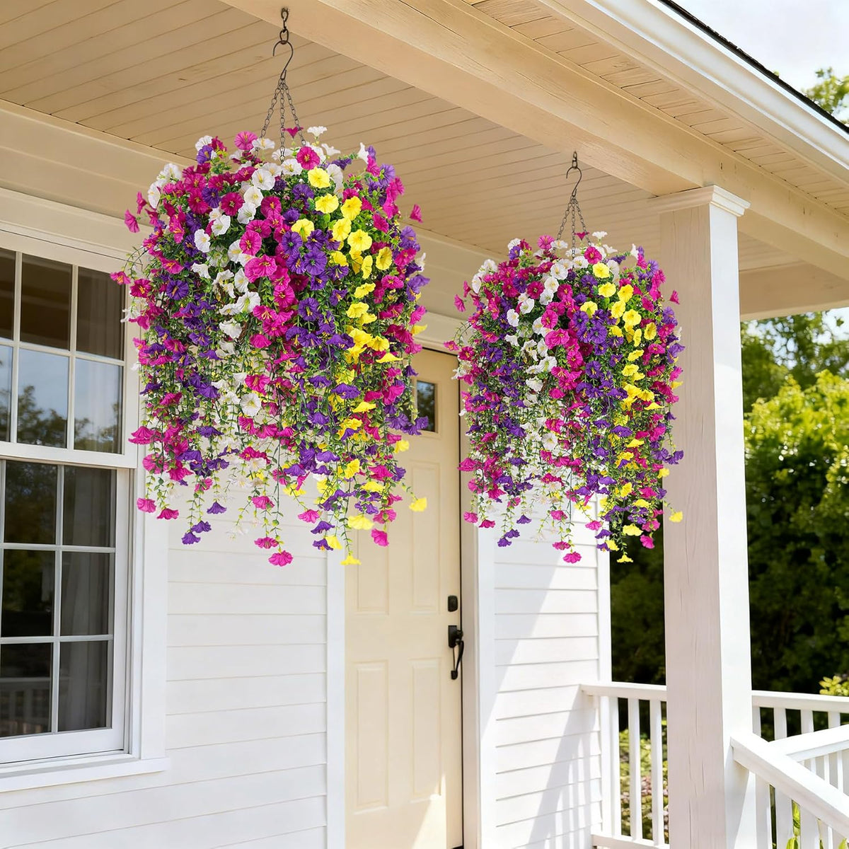 Artificial Hanging Petunia Flowers for Outdoor, 8 Pcs Fake Plants Long Vine Morning Glory Eucalyptus, UV Resistant Realistic Faux Greenery Outdoor Patio, Porch, and Garden Spring Summer Decor, Mix Color