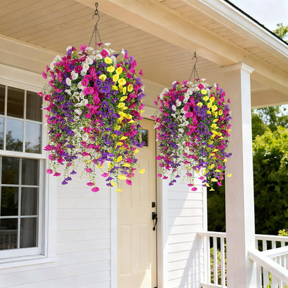 Artificial Hanging Petunia Flowers for Outdoor, 8 Pcs Fake Plants Long Vine Morning Glory Eucalyptus, UV Resistant Realistic Faux Greenery Outdoor Patio, Porch, and Garden Spring Summer Decor, Mix Color