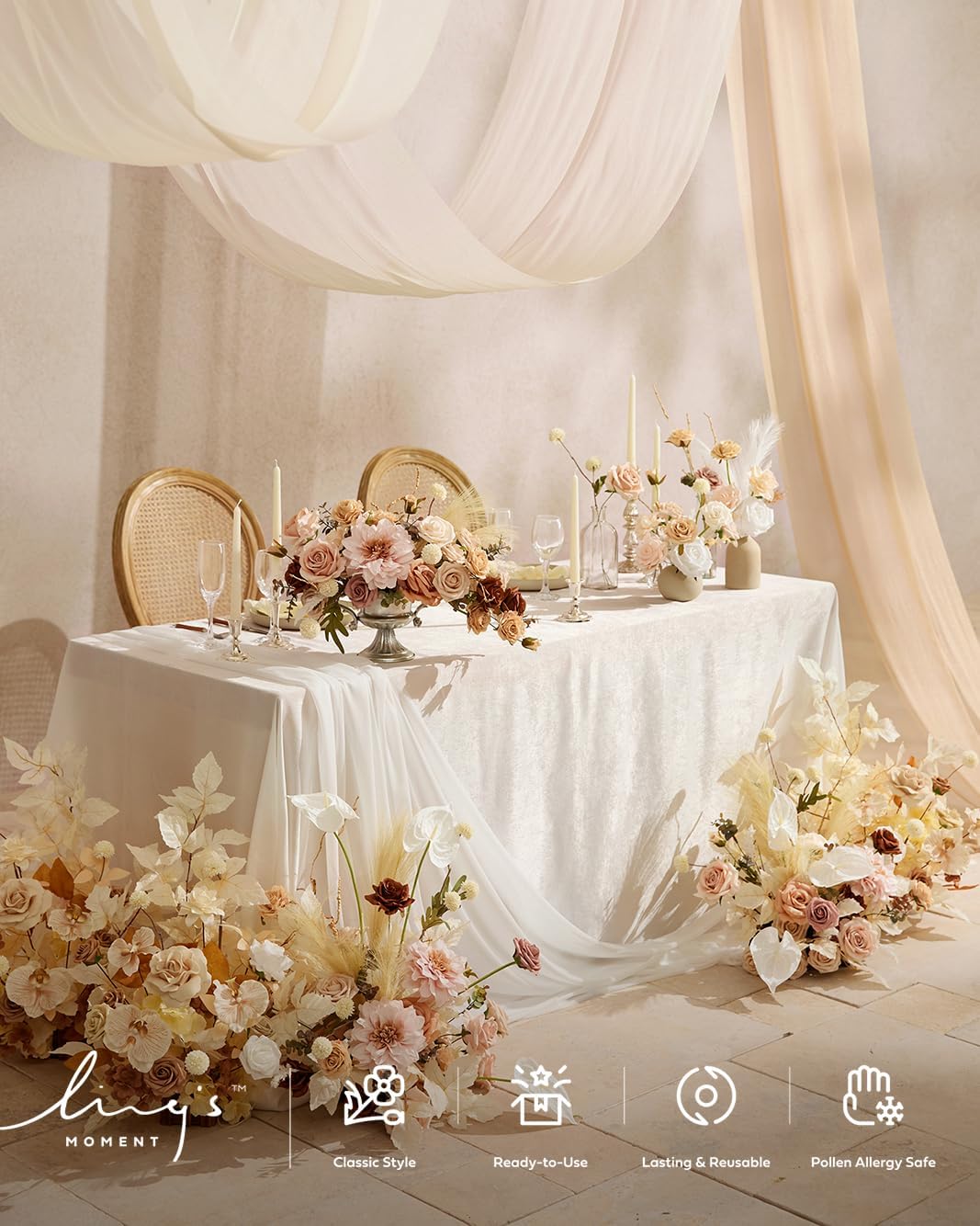 Ling's moment Fake Flowers Box, Faux Artificial Greenery Stems Foam Roses Silk Dahlia Pampas Grass Fabic Flower for Centerpieces Bouquet Wedding Vase Floral Decorations, Beige & Sepia, Deluxe Combo