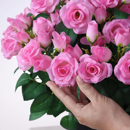 2 Set of Artificial Rose Topiary Trees - Faux Silk Flower Potted Plant, UV Resistant Fake Outdoor Rose Bush for Front Door, Farmhouse, Porch, Garden Decor (Pink)