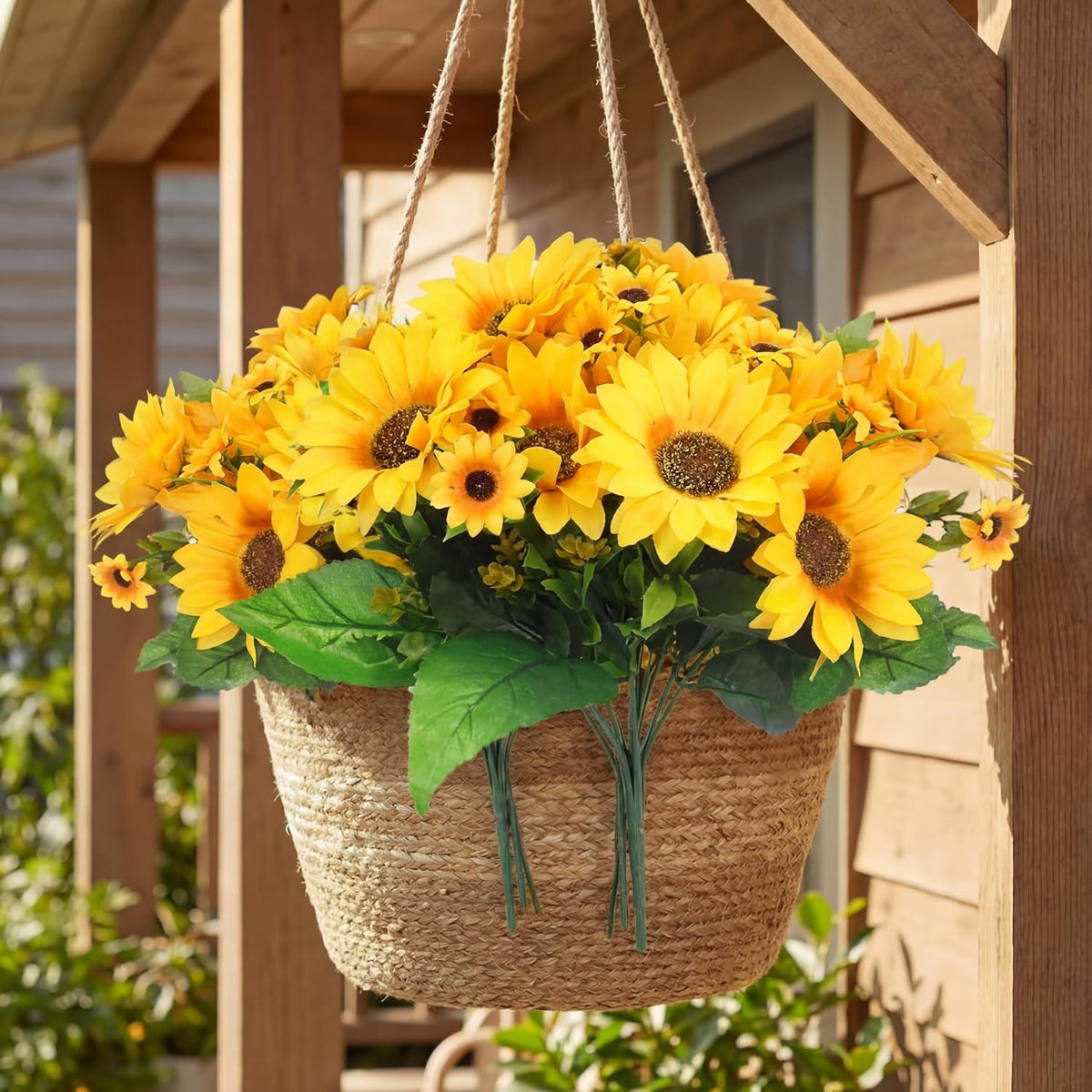Redbaker 24 Bundles Sunflower Faux Mums for Outdoor Artificial Flower with Stems Bouquet Fake Plants Bulk UV Resistant Plastic No Fade Wedding Fall Garden Home Window Decor (Little Sunflower, Yellow)