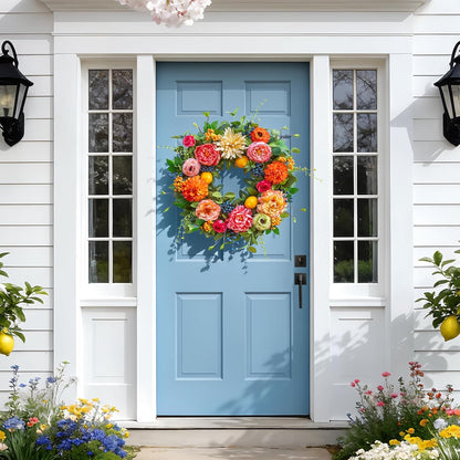24 Inch Spring Wreath for Front Door - Peony, Dahlia, Hydrangea with Faux Lemons and Berries