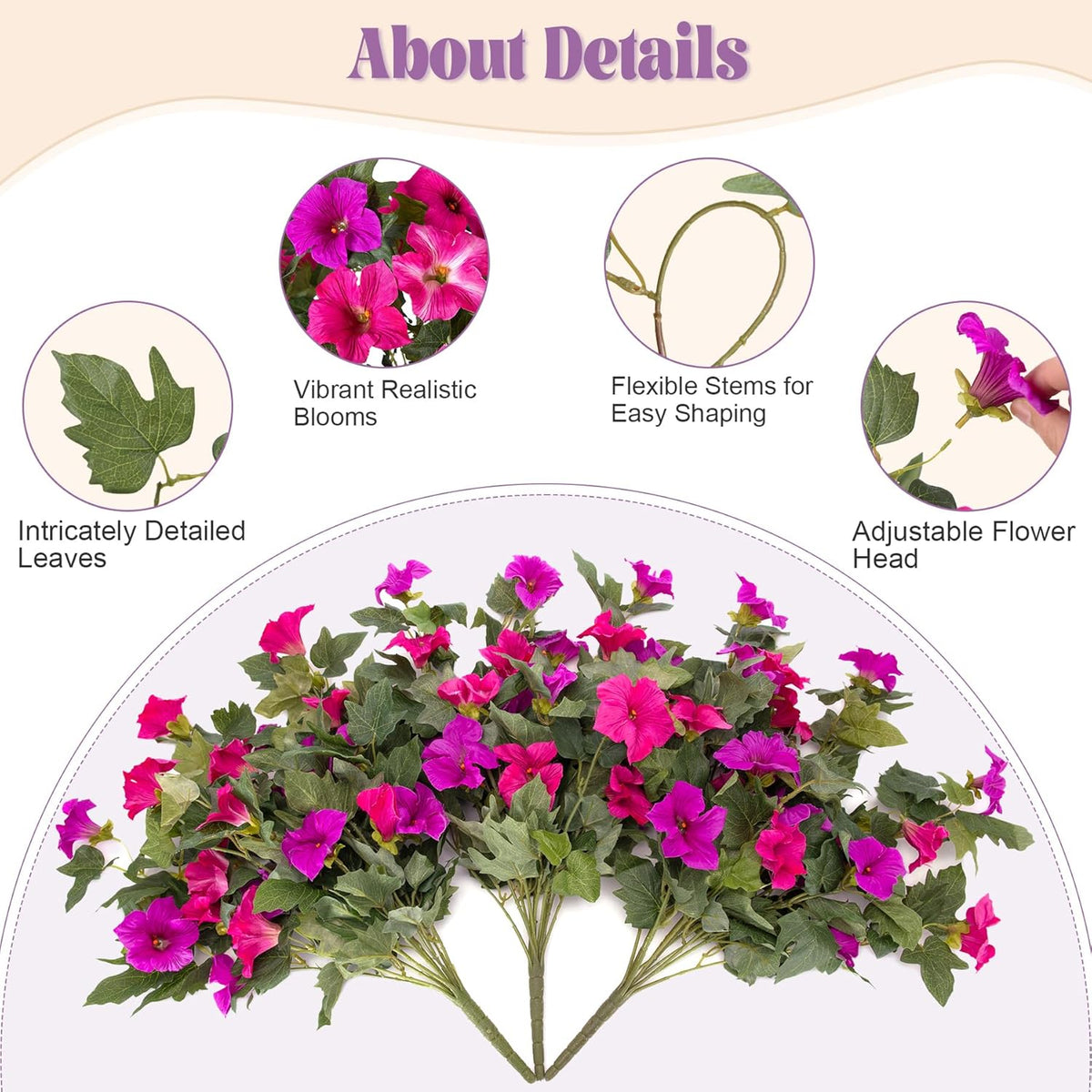 Artificial Petunia Flowers with Hanging Basket for Outdoors, 3 Pcs Fake Hanging Flowers UV Resistant Faux Silk Plants in Basket for Garden Porch Yard Patio Realistic Home Spring Decor(Purple Fuchsia)