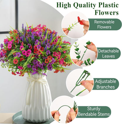 Alupssuc 24 Bundles Artificial Flowers for Outdoors Spring Decoration, UV Resistant Faux Eucalyptus Violet and Lavender Silk Fake Plants for Outside Indoor Yard Home Patio Decor, Red Rose Purple