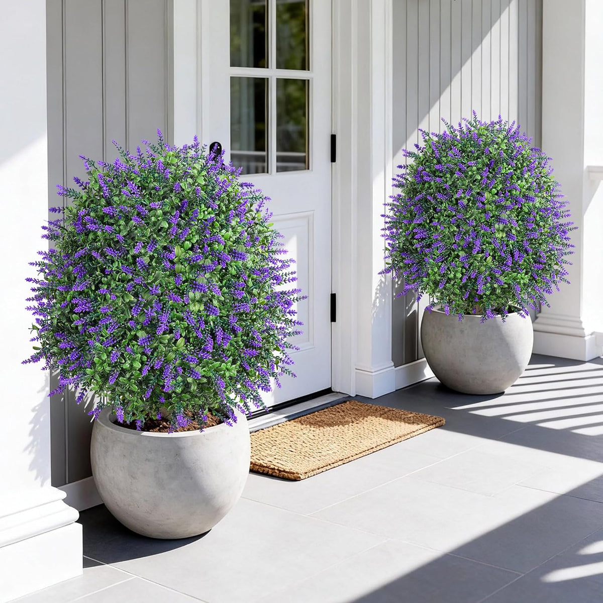 26" Artificial Boxwood Topiary Trees with Lavender Flowers 2 Pack Fake Plants for Outdoor Indoor Artificial Shrubs with Metal Ground Spike UV Resistant Fake Bushes for Front Porch Garden, Purple